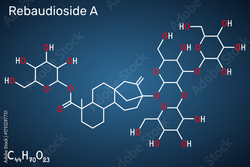 Rebaudioside A molecule structure. Natural sweetener compound from stevia plant used in food and beverages. Dark blue background