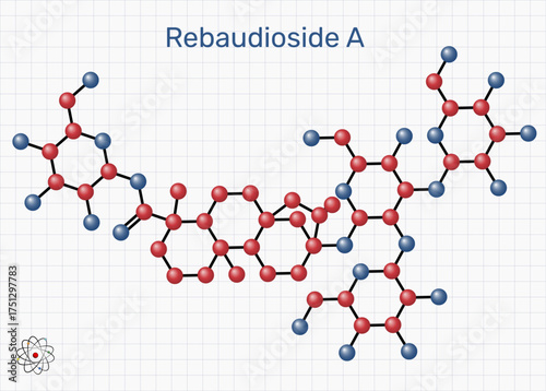 Rebaudioside A molecule structure. Natural sweetener compound from stevia plant used in food and beverages. Sheet of paper in a cage. Molecular model. Vector Illustration