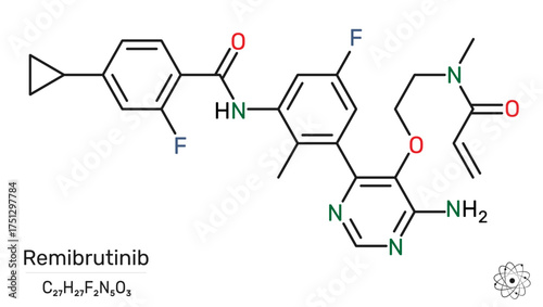 Remibrutinib molecule. Bruton's tyrosine kinase (BTK) inhibitor used to treat chronic spontaneous urticaria. Skeletal chemical formula. Paper packaging for drugs. Vector illustration