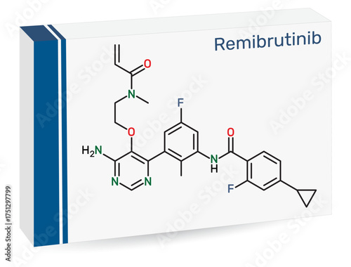Remibrutinib molecule. Bruton's tyrosine kinase (BTK) inhibitor used to treat chronic spontaneous urticaria. Skeletal chemical formula. Paper packaging for drugs. Vector illustration