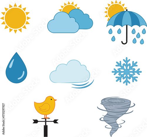 Weather icons set with sun, clouds, rain umbrella, water drop, wind, snowflake, bird weather vane, and tornado vector illustration 