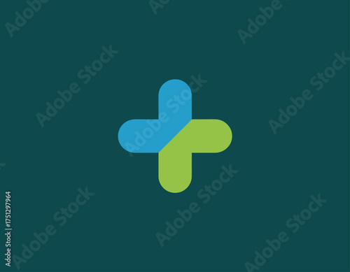 A creative dual-colored plus sign logo, featuring patterns in blue and green hues, representing addition, health, and positivity, ideal for healthcare and wellness.