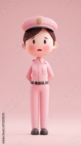 Pink Uniformed Cartoon Character with a Concerned Expression.