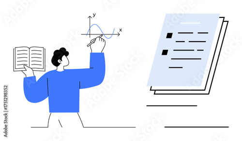 Person holding a book, drawing a line chart on an axis. Stack of paperwork nearby. Ideal for education, studying, data analysis, planning, report creation problem-solving research. A simple flat