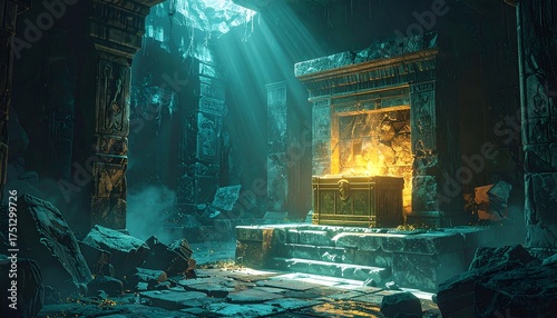 A dim, stone cavern is lit by god rays streaming from above, illuminating an ornate chest overflowing with gold. Pillars frame the scene