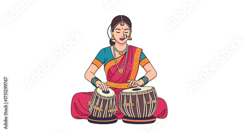 Indian Woman Playing Tabla Traditional Drum Illustration