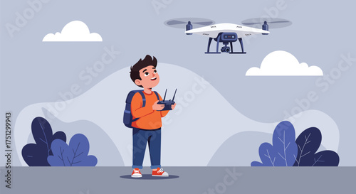 Boy flying a drone in a park with clouds and bushes in the background.