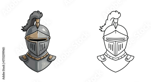 Medieval knight helmet illustration in both full color and black and white line art for coloring.