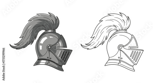 Two medieval knight helmets, one rendered in grayscale and the other as a line drawing.