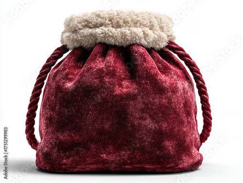 Small, round, red pouch with golden-brown trim and knotted handle, placed on a light background Clean and simple style, even lighting - AI-Generated