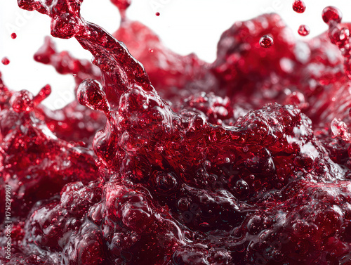 Close-up view of red liquid splashing into a glass, with mid-air droplets creating an artistic splash pattern Natural lighting casting soft shadows Emphasis on texture and fluidity in - AI-Generated