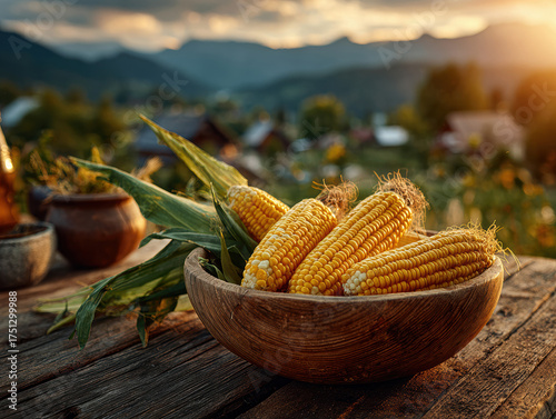 Rustic setting with a wooden bowl of ripe yellow corn ears on a table, surrounded by uncultivated corn stalks Background depicts rolling hills and trees under a partly cloudy sky durin - AI-Generated