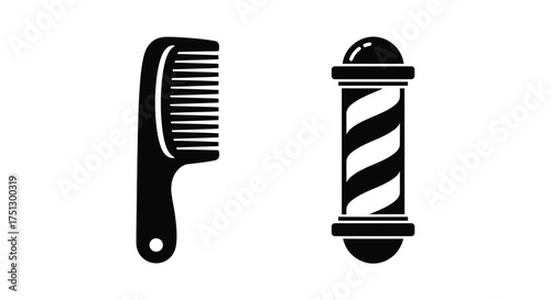 A black comb and a barber pole are shown side-by-side against a white background.