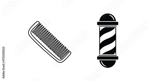 Black and white line art icons of a hair comb and a classic barber pole, representing hairdressing and barbershop services.