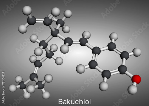 Bakuchiol molecule structure. Natural antioxidant compound used in skincare and anti-aging cosmetics. Molecular model. 3D rendering. Illustration