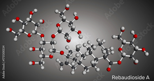 Rebaudioside A molecule structure. Natural sweetener compound from stevia plant used in food and beverages. Molecular model. 3D rendering. Illustration