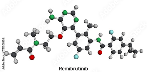 Remibrutinib molecule. Bruton's tyrosine kinase (BTK) inhibitor used to treat chronic spontaneous urticaria. Molecular model. 3D rendering. Illustration