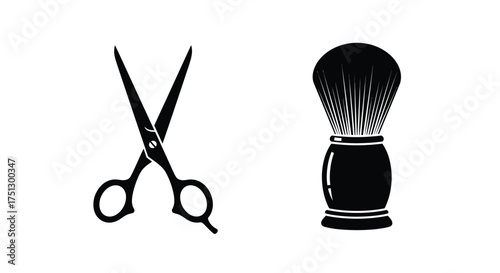 Black silhouette of scissors and a shaving brush, commonly used in barber shops.