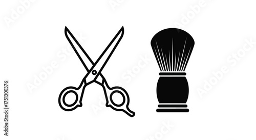 Scissors and shaving brush icon, barber shop concept, black and white.
