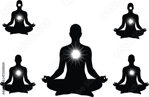 Meditation silhouettes, glowing energy, spiritual harmony, inner peace, mindfulness practice, radiant aura, healing light, yoga pose, enlightenment, serene balance