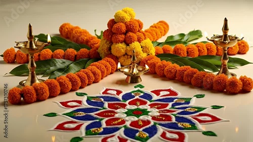 Traditional Indian Festival Decoration with Marigold Garlands Oil Lamps and Colorful Rangoli Design on a White Surface Illuminated by Warm Light
