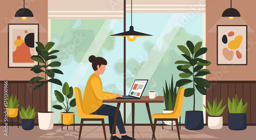 Woman working on laptop at a cafe surrounded by plants and natural light