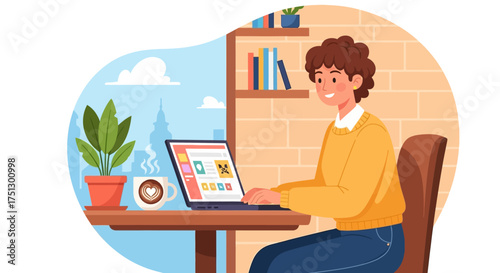 Young professional working efficiently on a laptop from a comfortable home office, engaged in remote tasks, online learning, freelance business, or creative digital projects