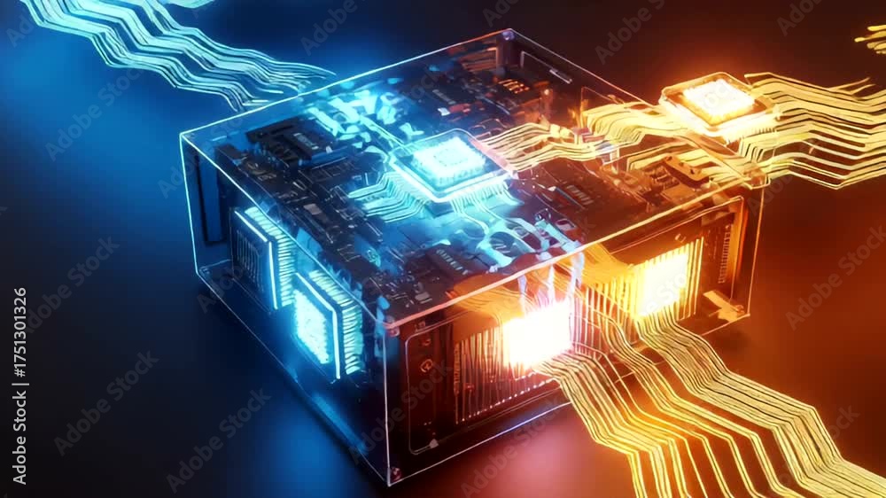 Futuristic computer hardware with glowing circuits in a dark setting