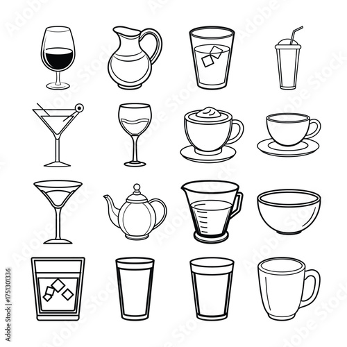 Monochrome line art icon collection of various beverage glasses, mugs, teacups, and kitchen drinkware containers