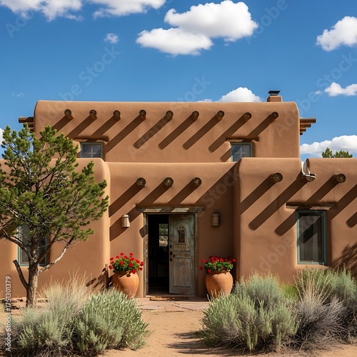 Adobe-style home with blue sky and clouds in Santa Fe, New Mexico.