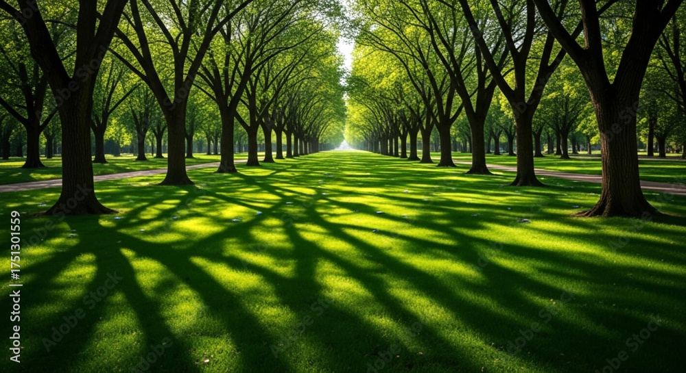 Fototapeta premium Sunlight filtering through a tree lined park avenue casting long shadows