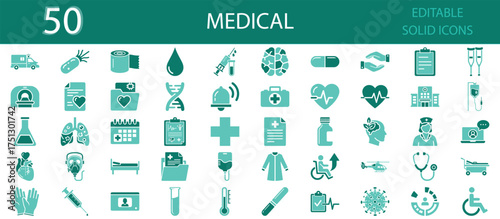 Medical solid fill icons set of 50. Editable glyph vector pack for hospital, healthcare, treatment, doctor, medicine, diagnosis, nursing, surgery, laboratory, and emergency care concepts