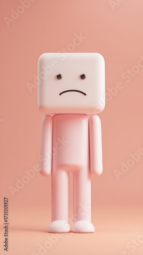 Sad pink figure with a square head and minimalist design.