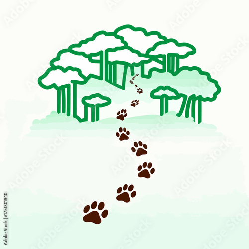 Forest with paw prints leading through trees in a minimalist style  