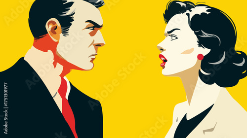 Man and woman arguing with each other on yellow background