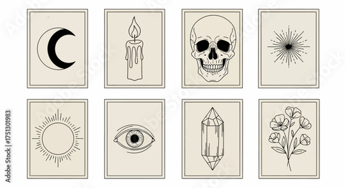 Occult-themed cards featuring symbols like moon, skull, and flowers  