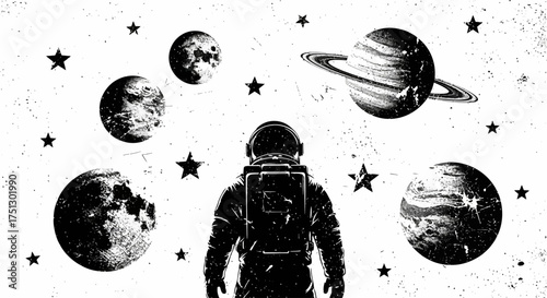 Astronaut standing and gazing at planets in a cosmic landscape  
