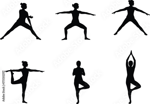 Yoga poses silhouette, black figure exercise, wellness posture collection, meditation balance, fitness routine, body strength, flexibility, calm mind, health