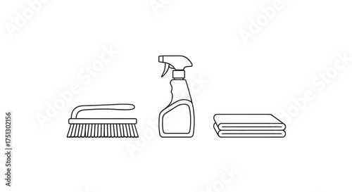 Cleaning supplies including brush, spray bottle, and towels  