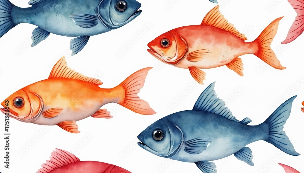 Fototapeta premium Watercolor illustration of orange and blue fish swim together. Simple fish pattern repeats across white background. Aquatic animals have hand painted look and feel, great for kids designs.