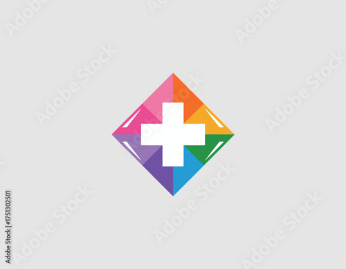 This image features a vibrant, abstract diamond shape adorned with a central medical cross symbol, representing health, care, and social wellness in a contemporary design aesthetic.