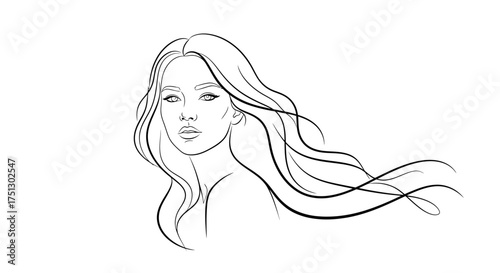 Female line art portrait with flowing hair on white background  