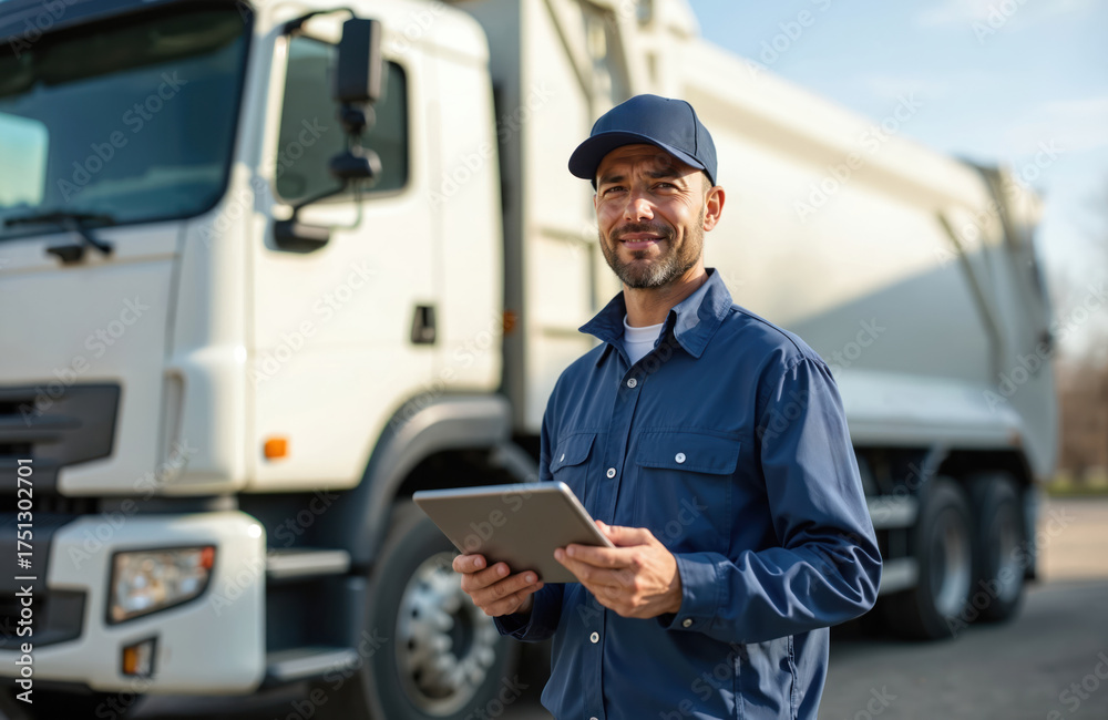 Obraz premium Man with tablet near garbage truck. He wears blue uniform and cap. Digital tech in waste logistics. Pro managing fleet operations. Clean industry workflow.