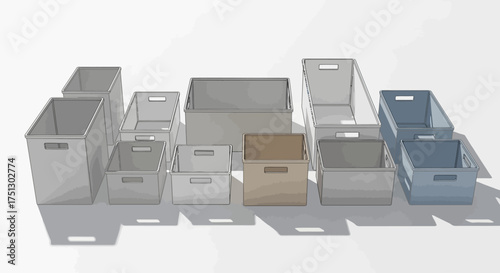 Various storage boxes in different sizes and colors on white background  