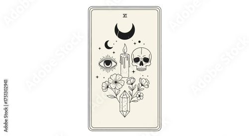Tarot card illustration featuring skull, flowers, and mystical symbols  