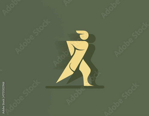 This image features an abstract figure walking, symbolizing movement and progress, reflecting themes of vitality and energy through minimalist design elements.
