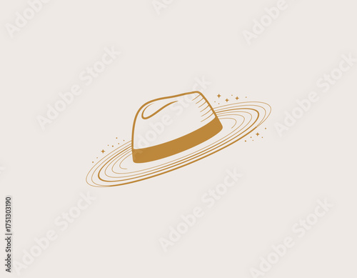 This unique graphic depicts a stylish hat encircling a ringed planet, blending playful elements with cosmic themes, perfect for creative branding and design.