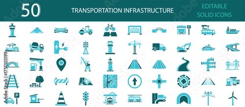 Transportation Infrastructure solid fill icons set of 50. Editable glyph vector pack for logistics, construction, road, traffic, transport, airport, energy, and civil engineering concepts