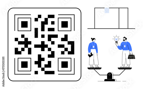 Large QR code alongside a balance scale with two professionals exchanging ideas. Ideal for innovation, technology, teamwork, digital solutions, equity, mobile scanning, simple flat metaphor