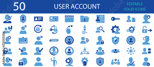 User Account solid fill icons set of 50. Editable glyph vector illustrations for login, profile, access, password, authentication, privacy, account management, and identity security concepts